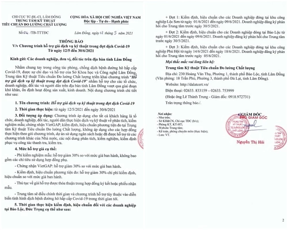 Thông báo của Trung tâm Kỹ thuật Tiêu chuẩn Đo lường Chất lượng tỉnh Lâm Đồng.