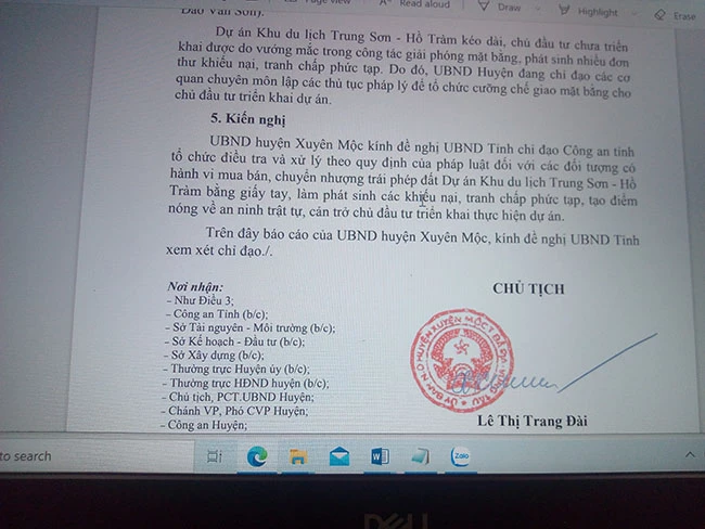 Chủ tịch UBND huyện Xuyên Mộc, bà Lê Thị Trang Đài đề nghị xử lý nghiêm các đối tượng mua bán, chuyển nhượng đất trái phép.