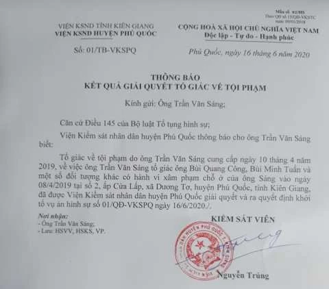 Thông báo đã khởi tố vụ án hình sự của Viện Kiểm sát ND Phú Quốc.