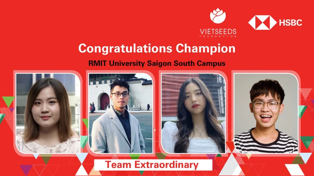  Hình 1: Đội The Extraordinary từ Đại học RMIT, cơ sở Nam Sài Gòn, đã thắng giải quán quân cuộc thi Giải quyết tình huống kinh doanh HSBC 2021