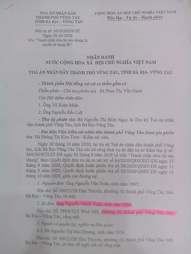 Bản án sơ thẩm số 69/2020/DS-ST bị đánh giá là vi phạm nghiêm trọng thủ tục tố tụng và đang được cấp phúc thẩm xử lại.