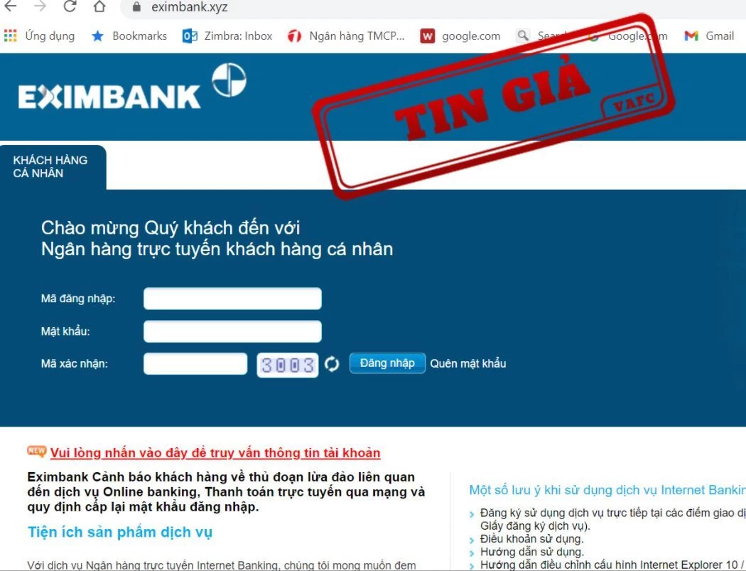 Trang web lừa đảo có giao diện y hệt như trang web của Eximbank