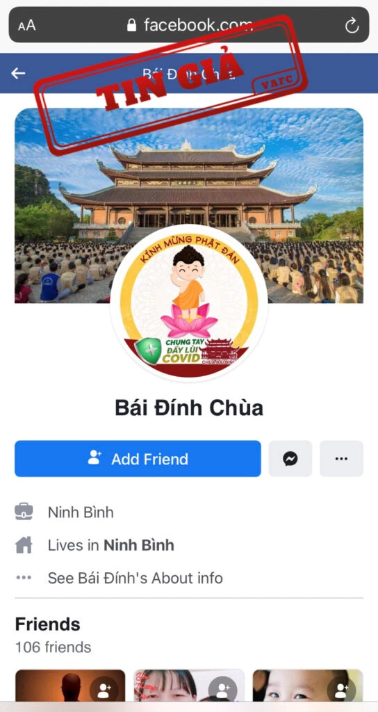 Facebook giả mạo Chùa Bái Đính 