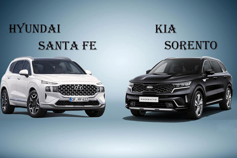 Hyundai Santa Fe 2021 (trái) và Kia Sorento 2021.