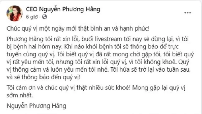 Thông báo dừng buổi livestream tối 29/5 của nữ đại gia Phương Hằng.