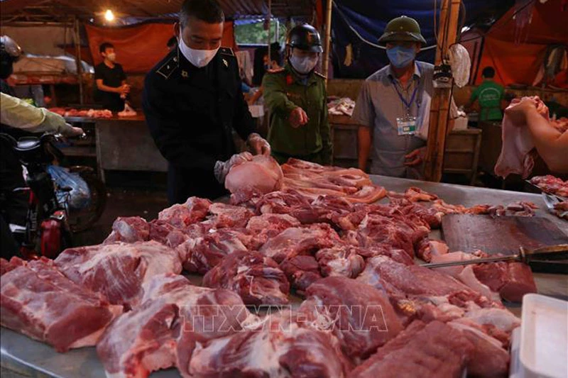 Lực lượng chức năng kiểm tra việc kinh doanh thịt lợn tại chợ đầu mối Minh Khai (Hà Nội). Ảnh: TTXVN