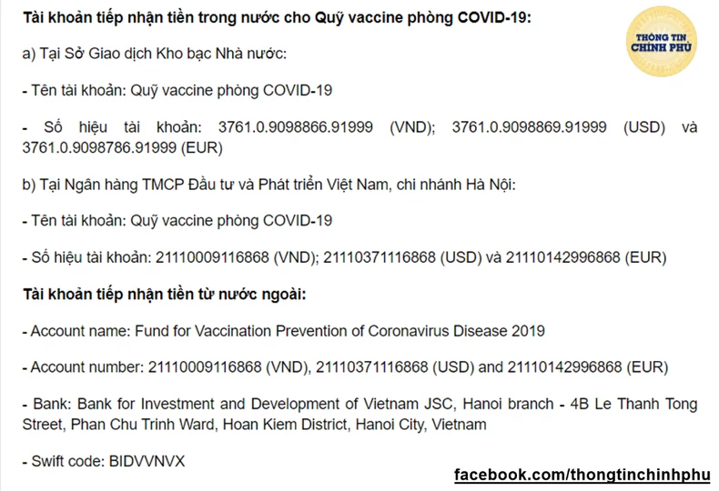 Tài khoản của Quỹ vaccine phòng Covid-19. Nguồn: Thông tin Chính phủ