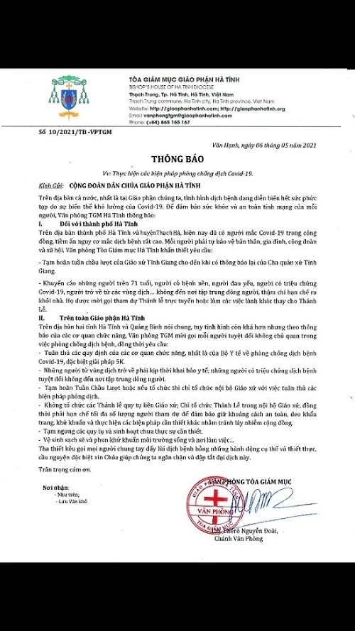 Ngày 06/5, Tòa giám mục, giáo phận Hà Tĩnh đã có thông báo về việc thực hiện các biện pháp phòng chống dịch Covid-19