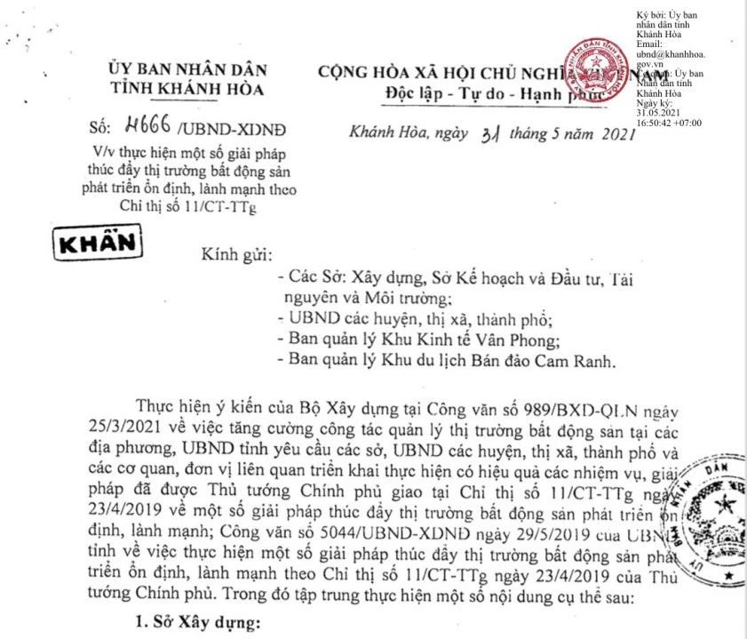 Khánh Hòa ra văn bản yêu cầu thực hiện một số giải pháp thúc đẩy thị trường bất động sản phát triển ổn định, lành mạnh.