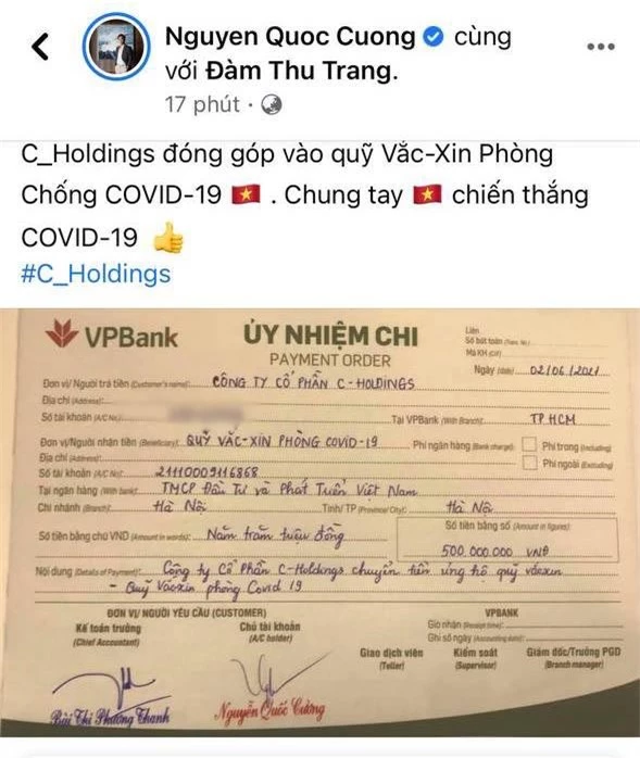 Vợ chồng Cường Đô La - Đàm Thu Trang thay mặt công ty ủng hộ 500 triệu đồng cho Quỹ vaccine phòng Covid-19 - Ảnh 2.