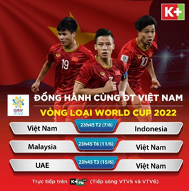 Xem trọn vẹn 3 trận đấu còn lại của đội tuyển Việt Nam tại Vòng loại thứ hai World Cup 2022 khu vực Châu Á trên K+