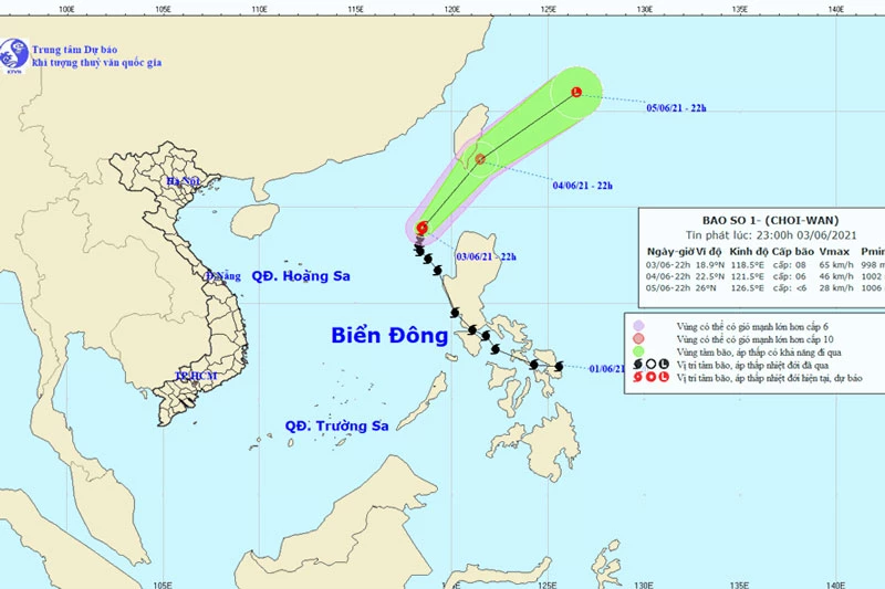 Vị trí và đường đi của bão số 1 Choi-wan. Ảnh: Trung tâm Dự báo Khí tượng Thuỷ văn Quốc gia.