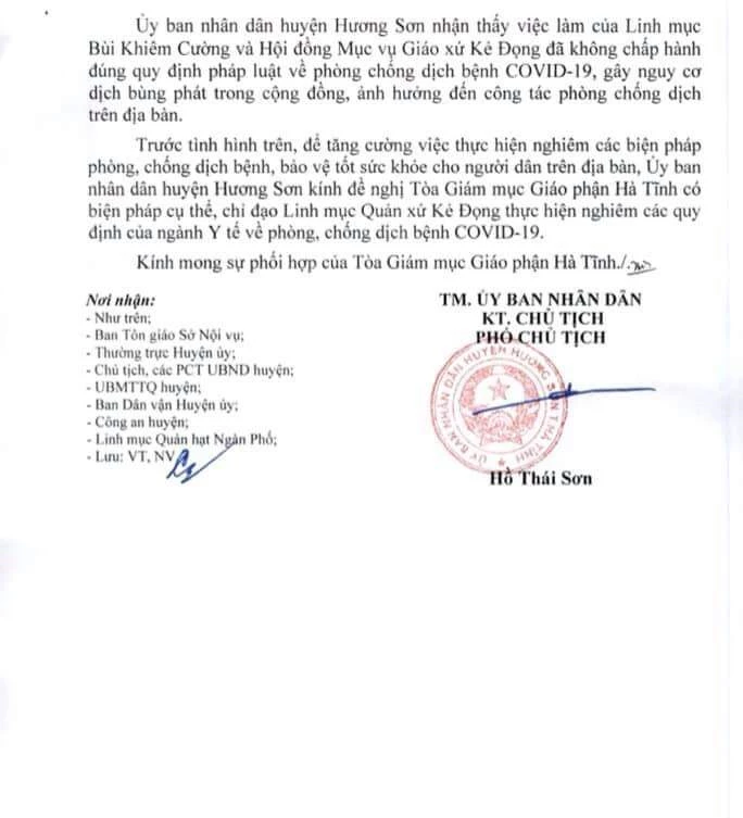 UBND huyện Hương Sơn gửi văn bản tới Tòa Giám mục GP Hà Tĩnh