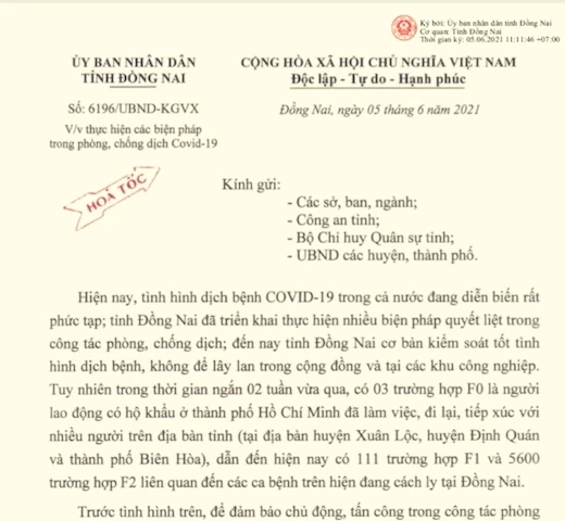 Văn bản hỏa tốc do UBND tỉnh Đồng Nai ban hành trong ngày 5/6.