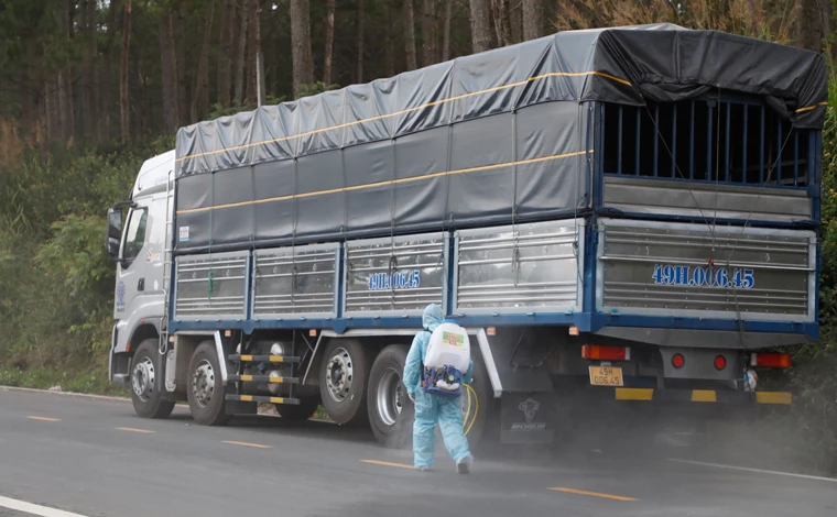 Xe vận chuyển hàng hóa từ các tỉnh có dịch đi qua tỉnh Khánh Hoà phải phun khử khuẩn. (Ảnh minh hoạ)