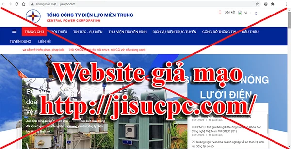 Hình ảnh giả mạo website của Tổng Công ty Điện lực miền Trung