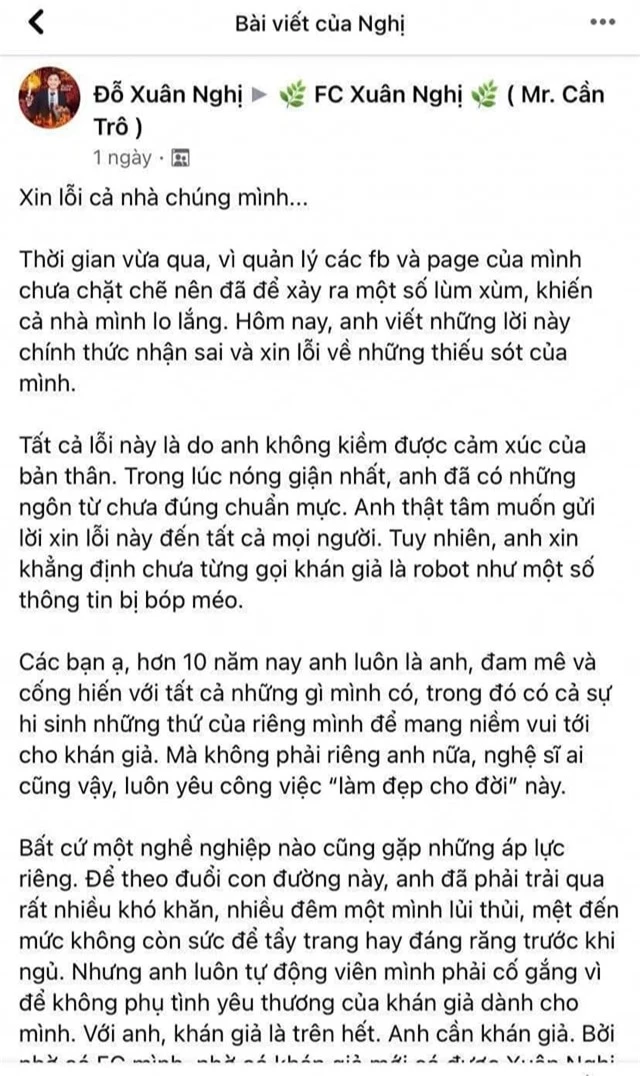 Xuân Nghị viết tâm thư xin lỗi sau ồn ào động chạm bà Phương Hằng, ẩn ý nhắc đến 2 tượng đài nghệ thuật Vbiz - Ảnh 3.