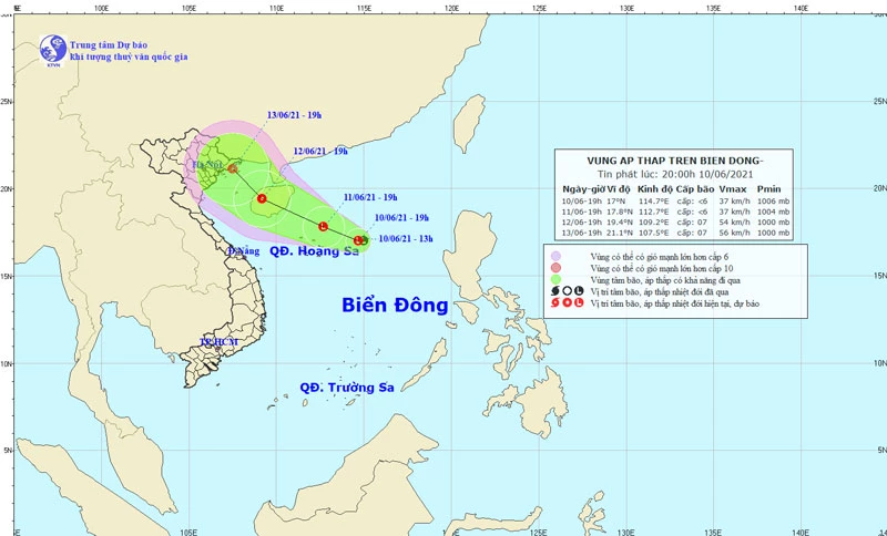 Đường đi của áp thấp. Ảnh: Trung tâm Dự báo KTTV quốc gia.