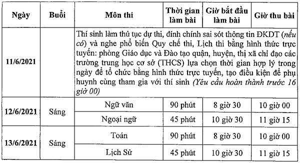 Lịch thi vào 10 năm 2021. 