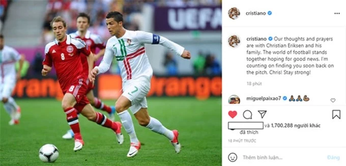 Ronaldo chia sẻ vể Eriksen trên trang cá nhân