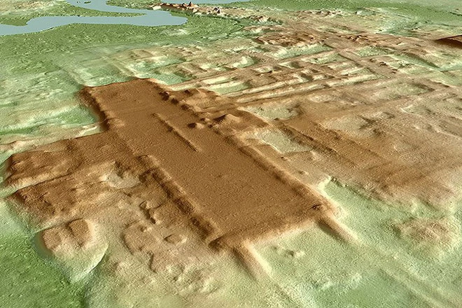 Hình ảnh chiều tia laser từ trên cao cho thấy dấu vết của một công trình lớn trên mặt đất. Ảnh: University of Arizona.