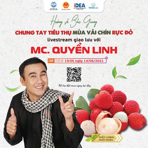 MC Quyền Linh, nghệ sĩ Xuân Bắc livestream hỗ trợ tiêu thụ vải Bắc Giang
