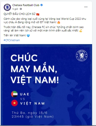 Lời chúc của Chelsea gửi tới đội tuyển Việt Nam.