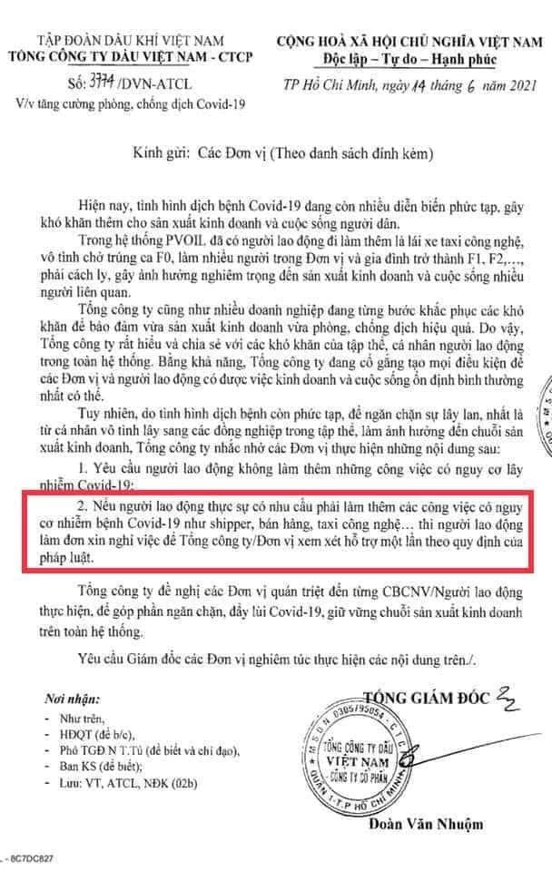 Mặc dù đã thu hồi song văn bản về tăng cường phòng, chống dịch COVID-19 của PVOIL vẫn gây tranh cãi 