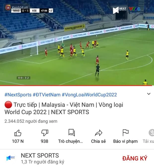 Next Sports lập kỷ lục số lượt xem trên Youtube sau trận đấu giữa ĐTQG Việt Nam và Malaysia