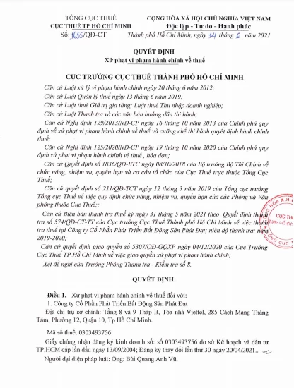 Quyết định xử phạt vi phạm hành chính về Thuế, thời kỳ kiểm tra năm 2019-2020 của của Cục thuế TP. HCM với hành vi vi phạm của Công ty Phát Đạt. Quyết định xử phạt vi phạm hành chính về Thuế, thời kỳ kiểm tra năm 2019-2020 của của Cục thuế TP. HCM với hành vi vi phạm của Công ty Phát Đạt.