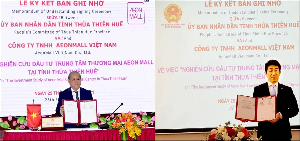 Chủ tịch UBND tỉnh Thừa Thiên Huế Phan Ngọc Thọ và đại diện AEONMALL Việt Nam ký kết biên bản ghi nhớ theo hình thức trực tuyến.