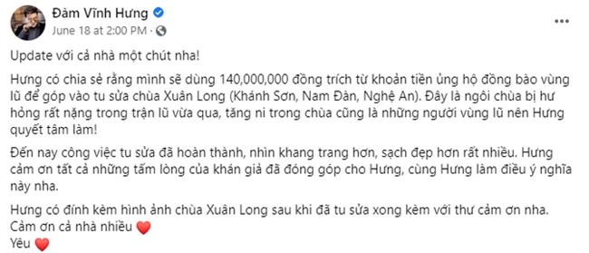 Đàm Vĩnh Hưng lên tiếng vụ dùng 140 triệu tiền cứu trợ người dân vùng lũ để xây chùa - Ảnh 1.