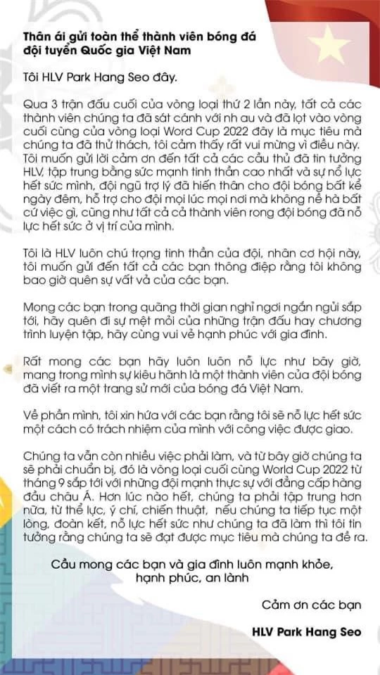 HLV Park Hang Seo gửi tâm thư tới tuyển Việt Nam