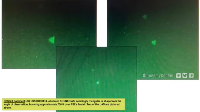 Hình ảnh ghi lại vật thể hình tam giác bay lơ lửng trên tàu USS Russell năm 2019. Ảnh: Jeremy Corbell.
