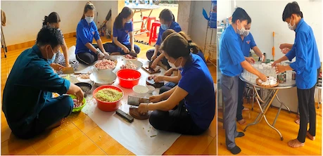 Hình 1. Các cơ sở Đoàn trong toàn huyện Hớn Quản đã nhanh chóng vào cuộc, chung tay làm hàng trăm hũ mắm ruốc xào thịt để gửi cho người dân ở các khu cách ly tại Bắc Giang