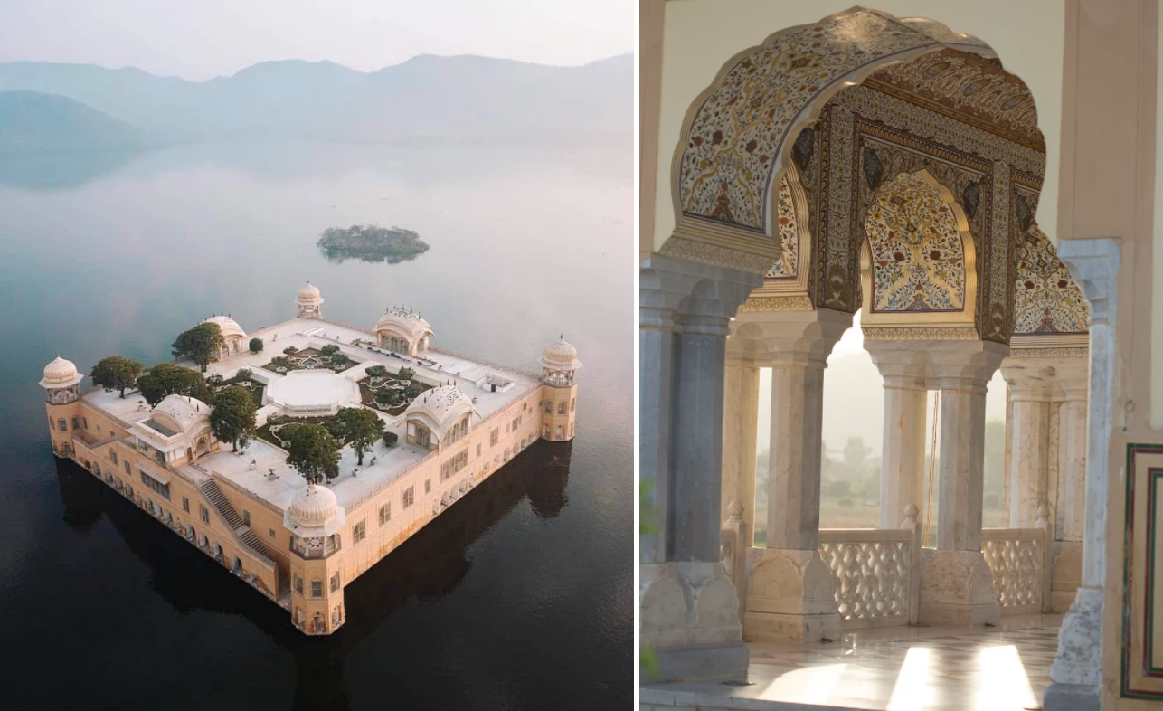Jal Mahal (Jaipur, Ấn Độ): Nằm giữa hồ Man Sagar, Jal Mahal giống như truyện cổ tích có thực. Vào buổi tối hay những đêm trăng, tòa lâu đài trắng lộng lẫy phản chiếu trên mặt nước, tạo khung cảnh siêu thực cho những vị khách nghỉ tại đây. Điều thú vị là phía dưới cung điện này còn có 4 tầng bí mật, cũng đẹp không kém kỳ quan kiến trúc phía trên. Ảnh: Pinterest.