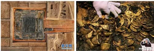 Buồng mộ chính và mộ đạo nhìn từ trên cao (trái) - Kho báu vàng trong lăng (phải). Ảnh: Tân Hoa Xã.