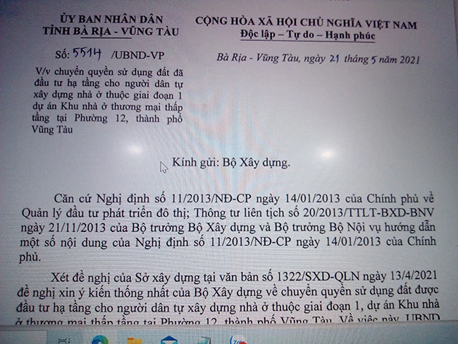 Văn bản 5514/UBND-VP ngày 21/5/2021 của UBND tỉnh Bà Rịa - Vũng Tàu gửi Bộ Xây dựng