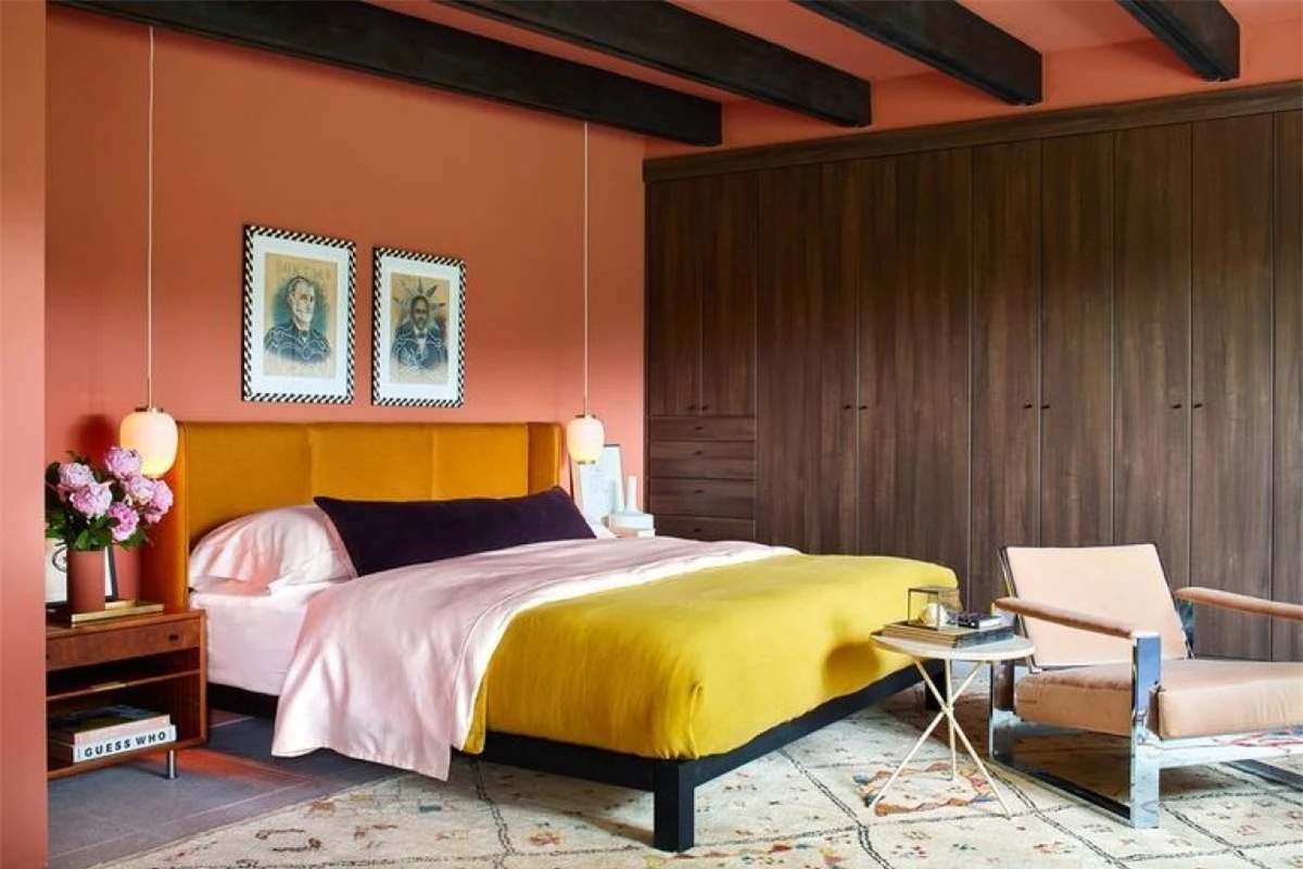 Màu cam đất:Sử dụng màu sắc phong phú để khiến không gian mở trở nên ấm cúng hơn hoặc tạo chiều sâu cho căn phòng với bức tường là điểm nhấn.