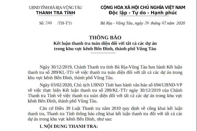 Thông báo số 240 ngày 26/2/2020 của Thanh tra tỉnh Bà Rịa-Vũng Tàu về Kết luận thanh tra toàn diện đối với tất cả dự án trong khu vực kênh Bến Đình, TP.Vũng Tàu, dự án Khu nhà ở Decoimex mở rộng được khởi công năm 2009. Thông báo số 240 ngày 26/2/2020 của Thanh tra tỉnh Bà Rịa-Vũng Tàu về Kết luận thanh tra toàn diện đối với tất cả dự án trong khu vực kênh Bến Đình, TP.Vũng Tàu, dự án Khu nhà ở Decoimex mở rộng được khởi công năm 2009.