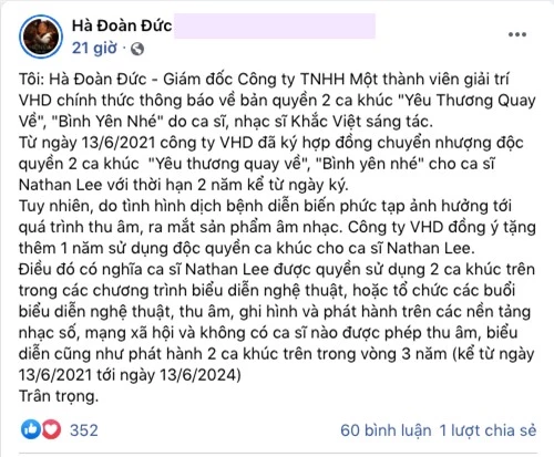 Đại diện Khắc Việt tiết lộ thời hạn bán độc quyền 2 bản hit cho Nathan Lee, ngầm tố Cao Thái Sơn vi phạm bản quyền? - Ảnh 3.