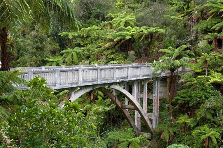 Nằm sâu trong rừng của công viên quốc gia Whanganui (New Zealand), cây cầu bê tông này thu hút du khách nhờ vẻ ngoài khác lạ. Người dân địa phương và du khách gọi đây là "cầu nối đến hư không". Năm 1917, cây cầu được xây dựng trên hẻm núi Mangapurua dẫn vào khu đất cấp cho những người lính trở về từ Thế chiến thứ nhất. Tuy nhiên, khu vực quá xa xôi và không phù hợp để trồng trọt nên dự án thất bại. Ảnh: NZHistory.