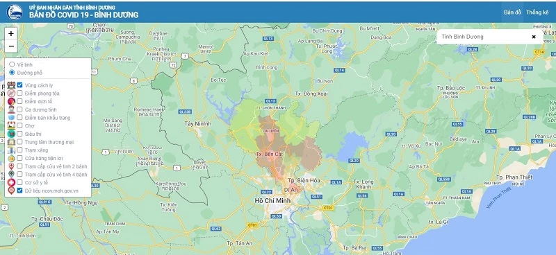 Giao diện Bản đồ thông tin dịch tễ Covid-19 tỉnh Bình Dương tại địa chỉ: bandocovid.binhduong.gov.vn. 