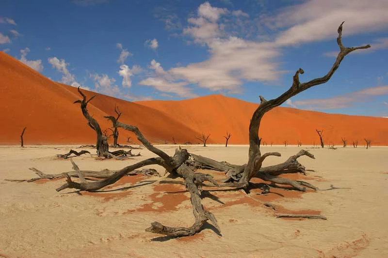 8. Sossusvlei (Namibia). Đây là chảo muối và đất sét được bao quanh bởi các đụn cát cao màu đỏ, nằm ở phần phía Nam của sa mạc Namib, trong Vườn quốc gia Namib-Naukluft của Namibia. Sossusvlei là một trong những điểm thu hút du khách chính của Namibia.