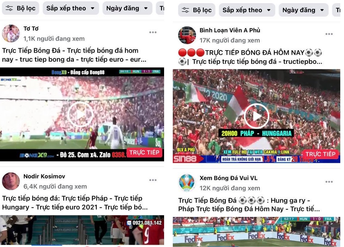 Các trang Facebook livestream trực tiếp các trận đấu trong khuôn khổ EURO 2020, quảng cáo cho cờ bạc và cá độ bóng đá.