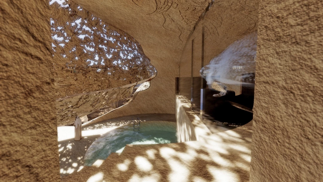 Hồ bơi riêng trong các biệt thự nghỉ dưỡng sẽ hưởng bóng râm mát từ các hình chạm khắc tinh xảo trên vách đá rọi vào. Du khách được đảm bảo có thể hưởng không gian mát mẻ giữa sa mạc hoang vu ở Saudi Arabia. Ảnh: Stirworld.