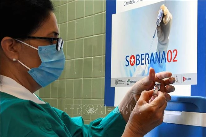 Nhân viên y tế chuẩn bị tiêm thử nghiệm vaccine phòng COVID-19 Soberana 2 của Cuba cho tình nguyện viên tại Havana ngày 31/3/2021. Ảnh: AFP/TTXVN
