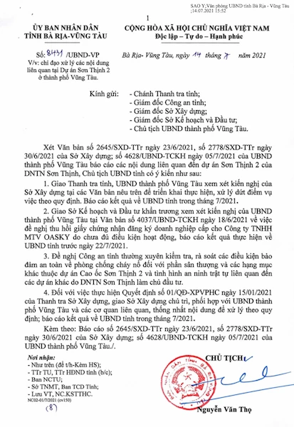 (Văn bản số 8431 của UBND tỉnh Bà Rịa - Vũng Tàu chỉ đạo xử lý dứt điểm tại dự án Sơn Thịnh 2).