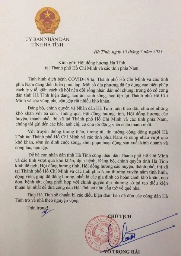 Chủ tịch UBND tỉnh Hà Tĩnh Võ Trọng Hải vừa gửi thư tới Hội đồng hương Hà Tĩnh tại TP Hồ Chí Minh và các tỉnh phía Nam