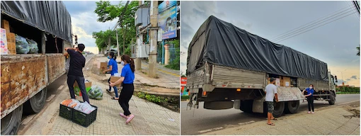 Các bạn trẻ Bình Phước háo hức chất rau quả lên xe để “tiếp lửa” người dân Sài thành đang “gồng mình” chống làn sóng dịch bệnh 